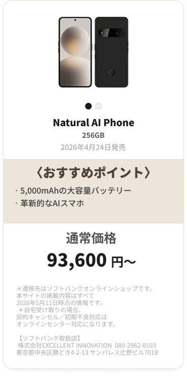 Natural AI Phone 256GB 93,600円〜